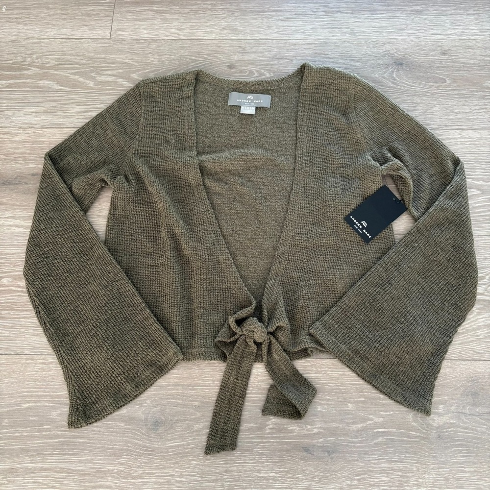 NWT Andrew Marc Womens Olive Green Knit Tie Front Shrug Cardigan Sweater Size M